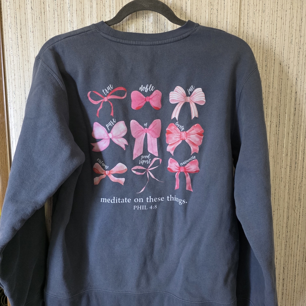 Navy Sweatshirt with Pink Bow "Philippians 4:8"